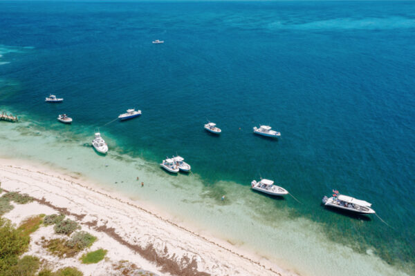 DJI_0681_2773 Aerial view of multiple Everglades boats anchored near a sandy shoreline with clear turquoise water and vegetation visible along the beach