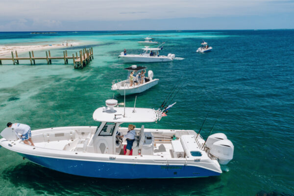 DJI_0700_950 Fleet of Everglades boats anchored near a tropical shoreline with turquoise waters and a wooden dock in the background, showcasing sleek and modern boat designs under sunny skies