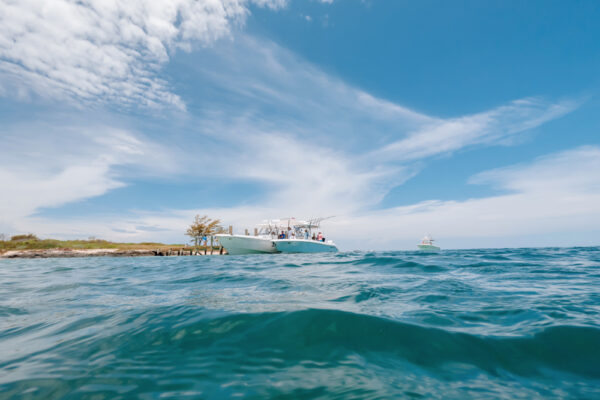 UW8110_4845 Low angle view of three Everglades boats under a blue sky with clouds, seen from water level